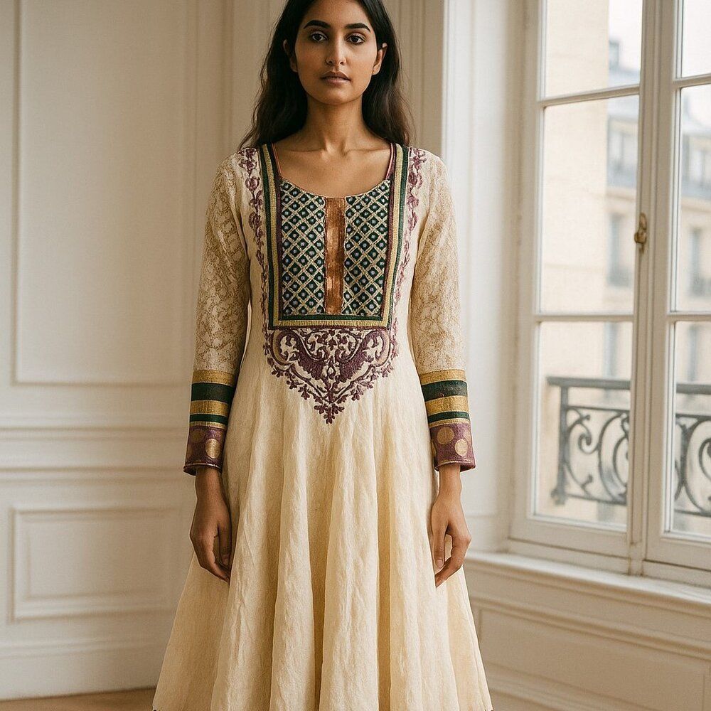 Biba Embroidered Anarkali Kurta Dress - Cream Gold Purple - Size Medium